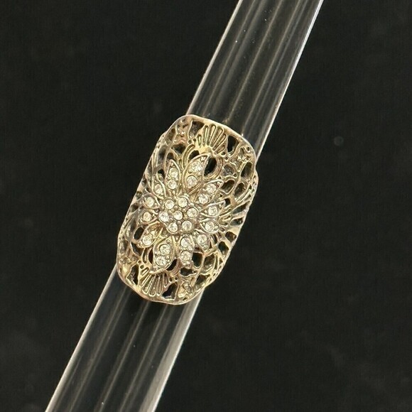 Large Silver Tone Womans Ring 5.25 Mandala Circle Rhinestone Ornate 1/2 Finger - Picture 1 of 9